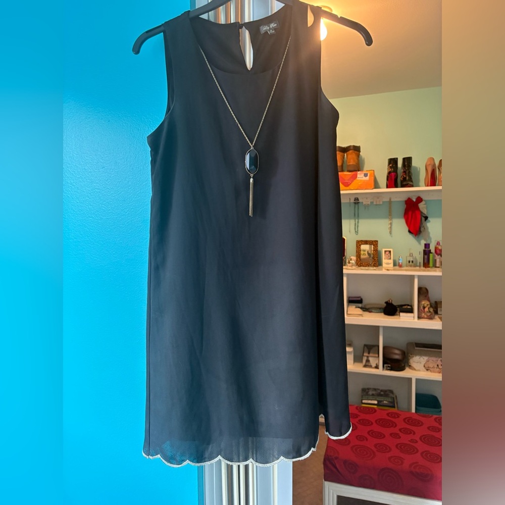 Black Shift Dress with Pendant Necklace
